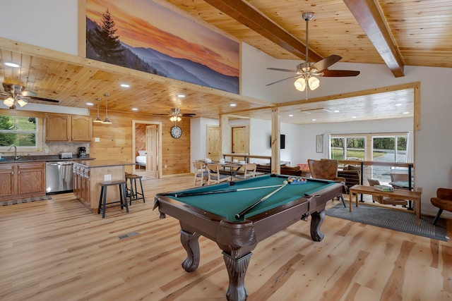 playroom with wooden walls, sink, pool table, and light hardwood / wood-style flooring