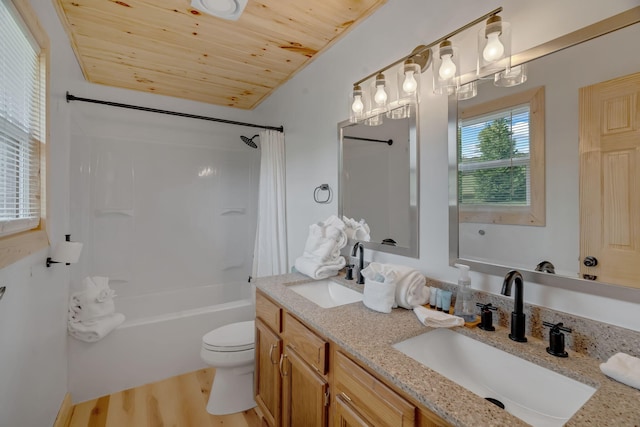 full bathroom featuring shower / bathtub combination with curtain, wood-type flooring, toilet, vanity, and wood ceiling