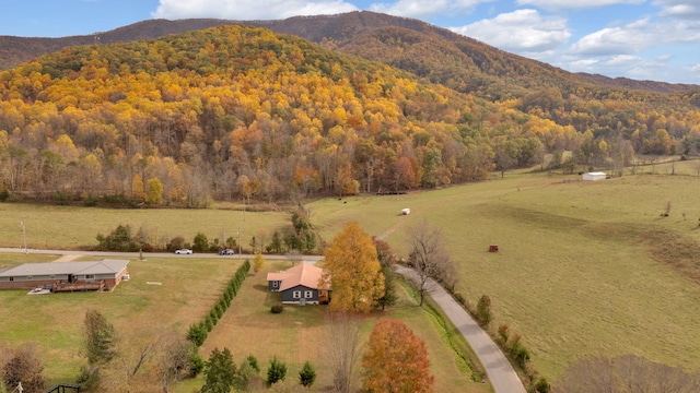 birds eye view of property with a mountain view and a rural view