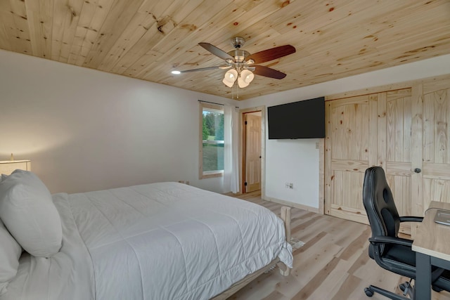 bedroom with ceiling fan, light hardwood / wood-style floors, and wooden ceiling