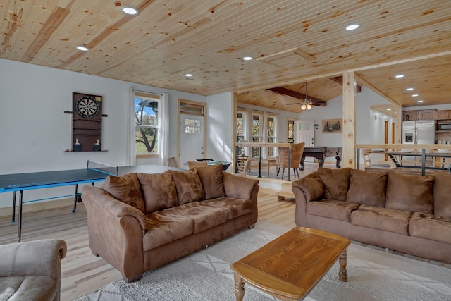 living room with vaulted ceiling with beams, ceiling fan, pool table, light hardwood / wood-style floors, and wood ceiling