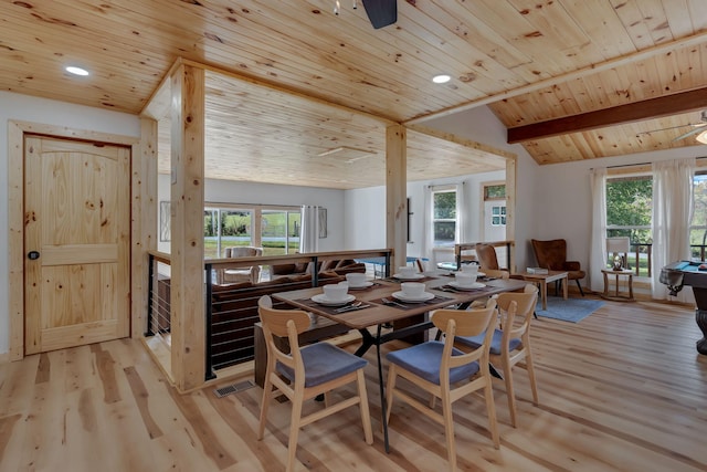 dining room with ceiling fan, light hardwood / wood-style floors, wood ceiling, and lofted ceiling with beams