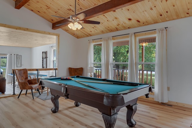 recreation room with plenty of natural light, wood ceiling, pool table, and light hardwood / wood-style flooring