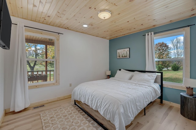 bedroom with light wood-type flooring and wooden ceiling