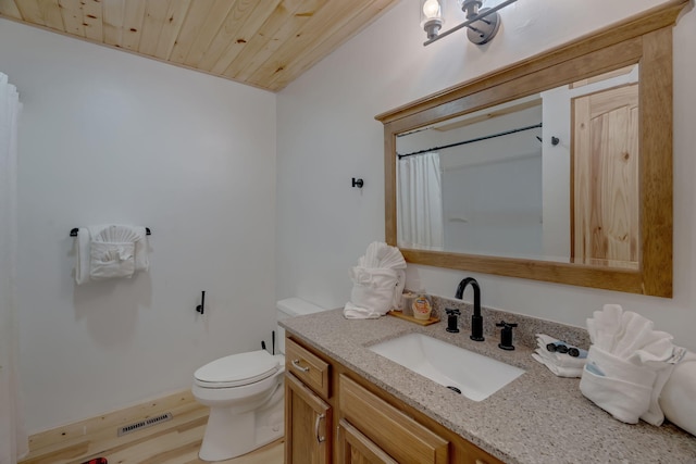 bathroom with vanity, wooden ceiling, hardwood / wood-style flooring, toilet, and curtained shower