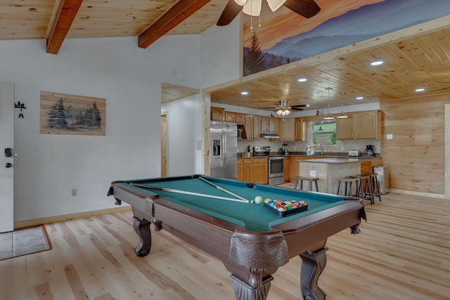 rec room with ceiling fan, sink, lofted ceiling with beams, light hardwood / wood-style floors, and pool table