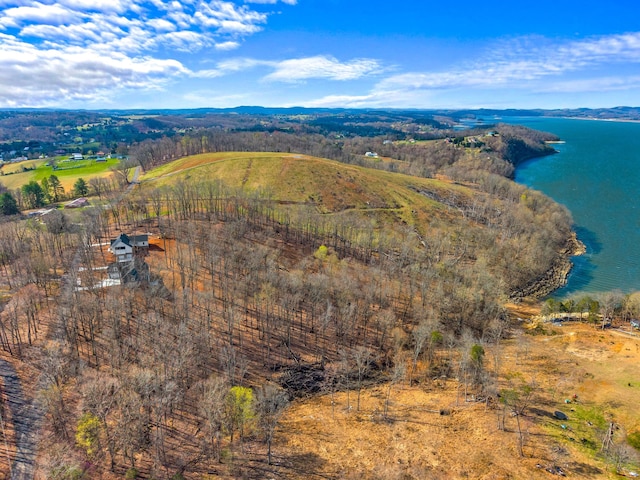 drone / aerial view with a water and mountain view