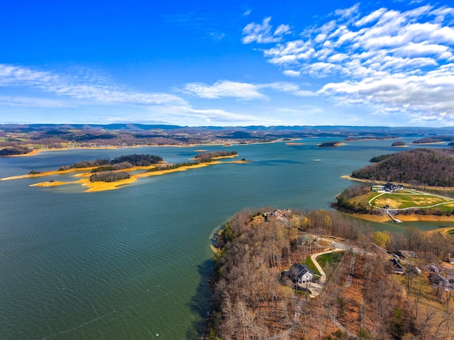 drone / aerial view with a water and mountain view