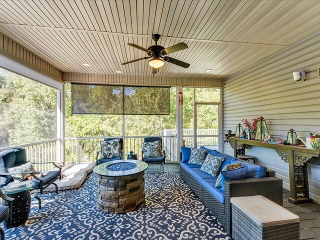 sunroom with ceiling fan and wood ceiling