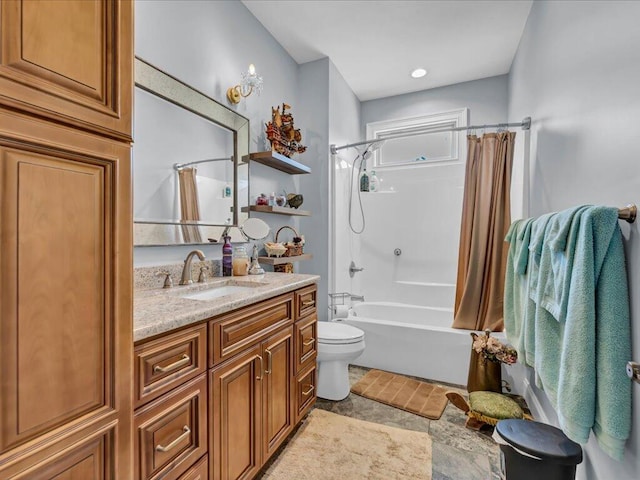 full bathroom with shower / bath combo, toilet, and vanity