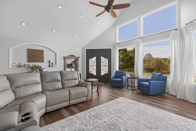 living room with wood-type flooring, french doors, high vaulted ceiling, and ceiling fan