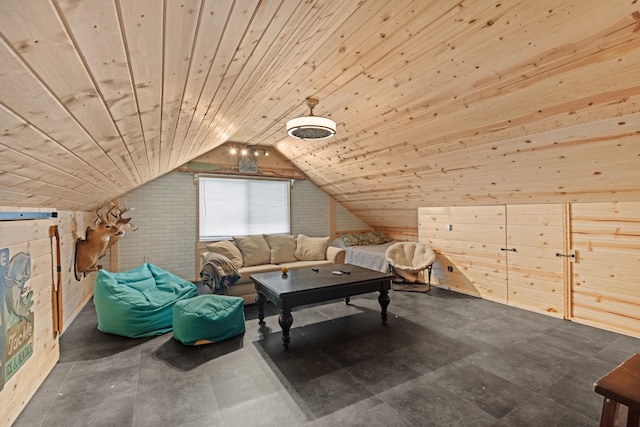 additional living space featuring wood walls, wooden ceiling, and vaulted ceiling