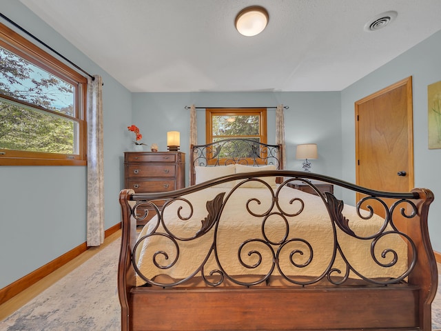 bedroom featuring multiple windows, wood finished floors, and baseboards