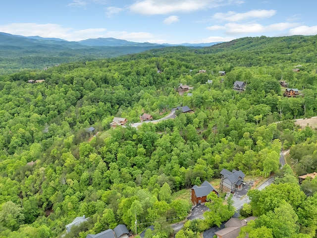 bird's eye view of a heavily wooded area and a mountainous background