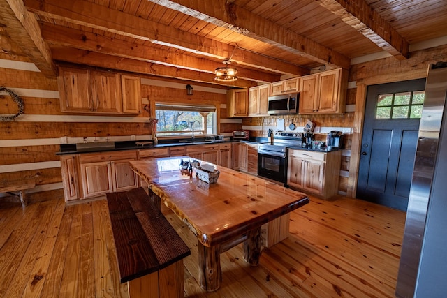 kitchen featuring beam ceiling, a wealth of natural light, sink, range with electric stovetop, and light hardwood / wood-style floors