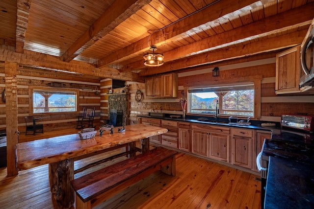 kitchen with black electric range, wood ceiling, beamed ceiling, light hardwood / wood-style floors, and wood walls