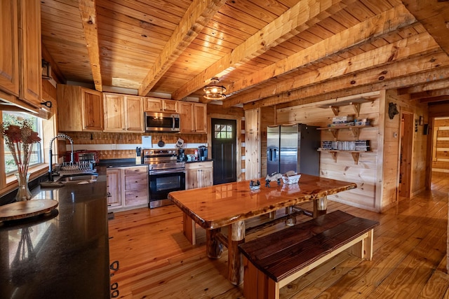 kitchen with appliances with stainless steel finishes, light wood-type flooring, sink, beamed ceiling, and wood walls