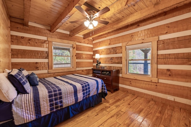 bedroom featuring ceiling fan, wood walls, wood-type flooring, and wood ceiling