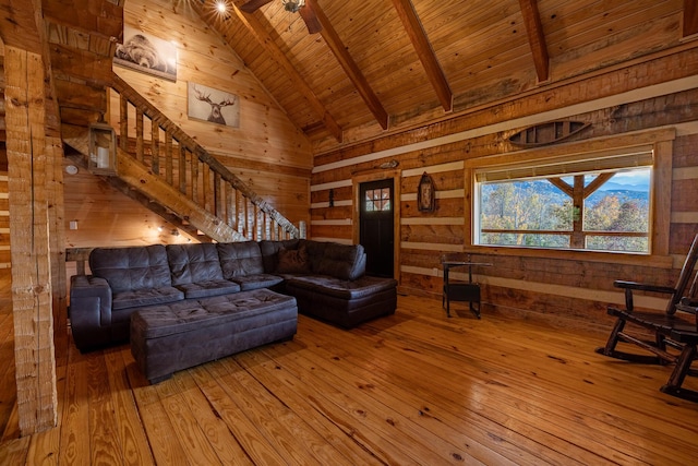 living room with wood walls, wooden ceiling, high vaulted ceiling, hardwood / wood-style flooring, and beam ceiling