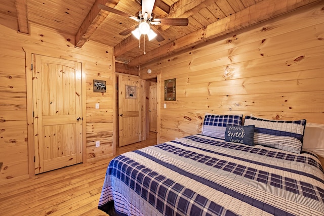 bedroom featuring wood ceiling, ceiling fan, wooden walls, hardwood / wood-style flooring, and beamed ceiling