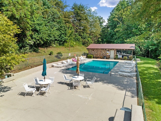 view of swimming pool featuring a patio area