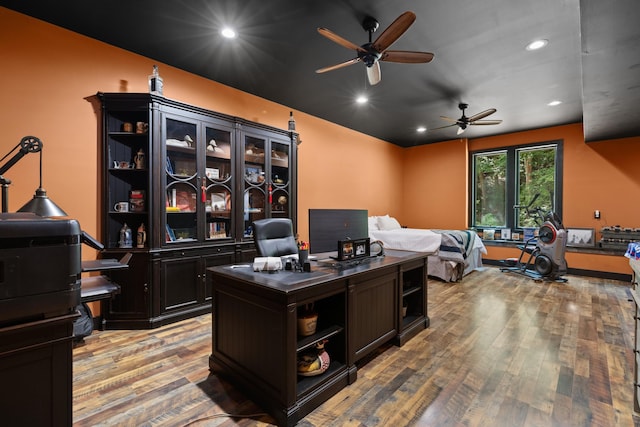 home office with ceiling fan and wood-type flooring