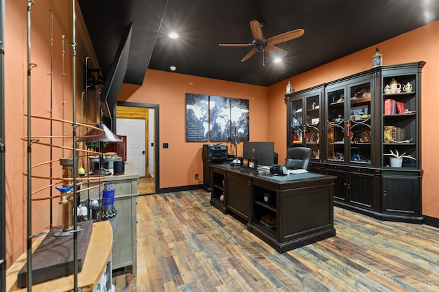 office area featuring hardwood / wood-style flooring and ceiling fan