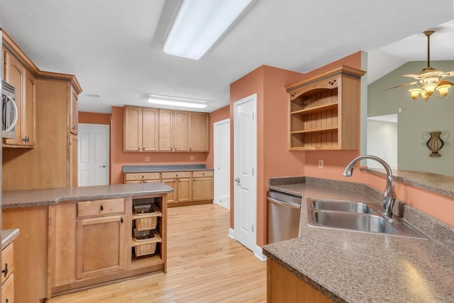 kitchen with a ceiling fan, open shelves, a sink, stainless steel dishwasher, and light wood-type flooring