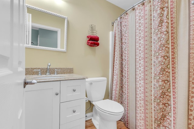 full bathroom with toilet, vanity, and wood finished floors