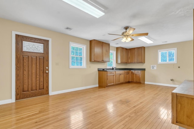 kitchen featuring visible vents, a sink, light wood finished floors, baseboards, and ceiling fan