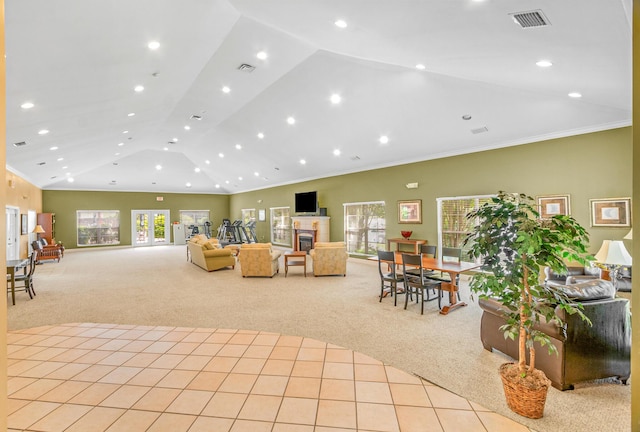 314 Sandpiper Ln, Bean Station, TN 37708 - living area featuring light colored carpet, vaulted ceiling, recessed lighting, a fireplace, and crown molding