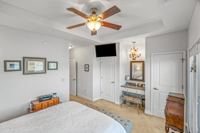 314 Sandpiper Ln, Bean Station, TN 37708 - bedroom with a tray ceiling, light colored carpet, a chandelier, baseboards, and a ceiling fan