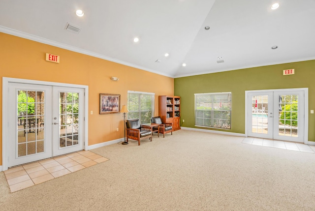 314 Sandpiper Ln, Bean Station, TN 37708 - sitting room with french doors, ornamental molding, carpet flooring, baseboards, and lofted ceiling