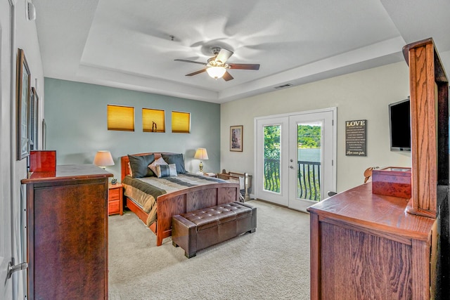 314 Sandpiper Ln, Bean Station, TN 37708 - bedroom with a raised ceiling, french doors, access to outside, carpet flooring, and a ceiling fan