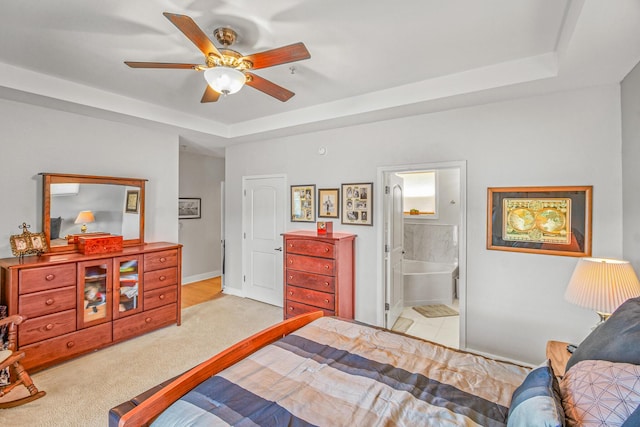 314 Sandpiper Ln, Bean Station, TN 37708 - bedroom with a raised ceiling, carpet flooring, a ceiling fan, connected bathroom, and baseboards