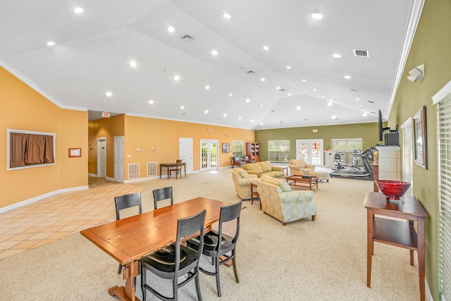 314 Sandpiper Ln, Bean Station, TN 37708 - dining room featuring light colored carpet, lofted ceiling, baseboards, ornamental molding, and recessed lighting