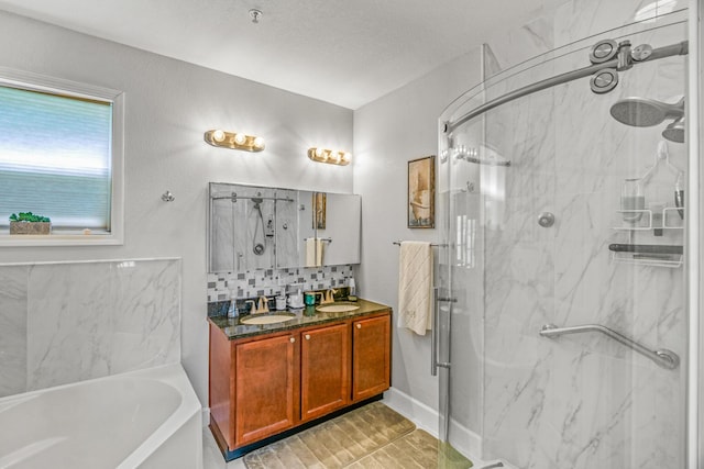 314 Sandpiper Ln, Bean Station, TN 37708 - bathroom with a bath, a marble finish shower, double vanity, and backsplash