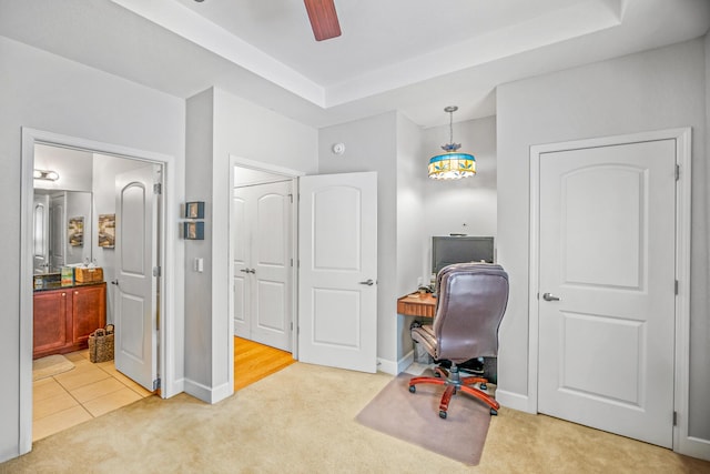 314 Sandpiper Ln, Bean Station, TN 37708 - office space with light colored carpet, ceiling fan, a tray ceiling, and baseboards