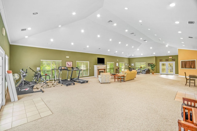 314 Sandpiper Ln, Bean Station, TN 37708 - living area with light carpet, a fireplace, recessed lighting, ornamental molding, and baseboards