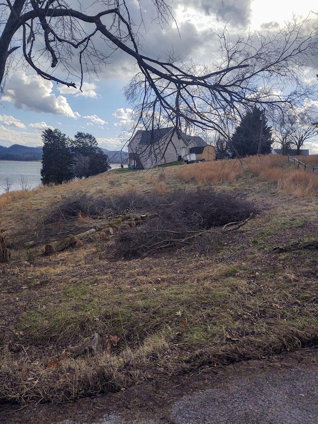 view of yard with a water and mountain view