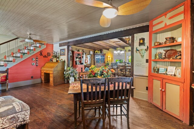 dining room with beamed ceiling, ceiling fan with notable chandelier, and dark wood-type flooring