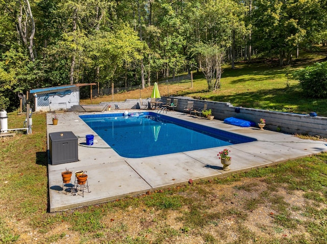 view of pool featuring a yard and a storage shed