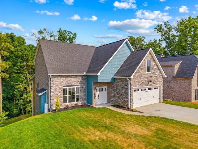 3083 Bridgewater Blvd, Morristown, TN 37814 - craftsman-style house with stone siding, driveway, a front yard, a shingled roof, and an attached garage