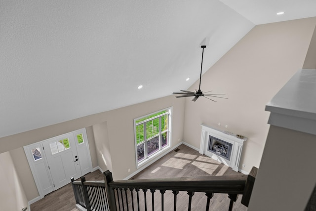 3083 Bridgewater Blvd, Morristown, TN 37814 - stairs with vaulted ceiling, a fireplace, wood finished floors, recessed lighting, and a ceiling fan