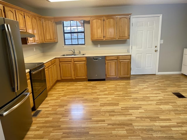 kitchen featuring sink, light wood-type flooring, and stainless steel appliances