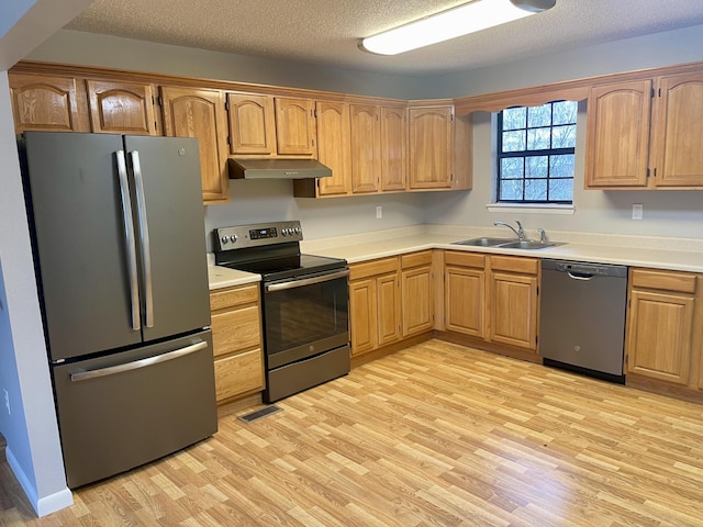 kitchen featuring sink, light hardwood / wood-style flooring, a textured ceiling, and appliances with stainless steel finishes