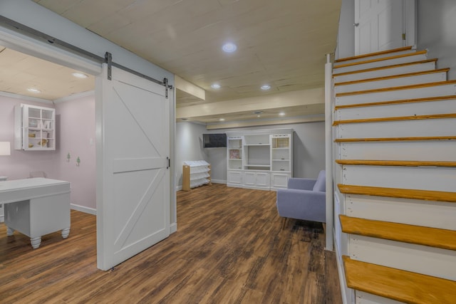 1790 Butterfly Ct, Whitesburg, TN 37891 - staircase featuring a barn door, wood finished floors, recessed lighting, and baseboards