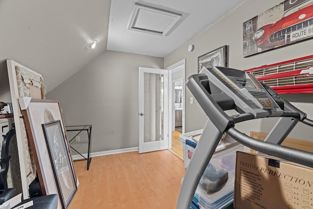 1790 Butterfly Ct, Whitesburg, TN 37891 - workout room featuring attic access, light wood finished floors, vaulted ceiling, and baseboards