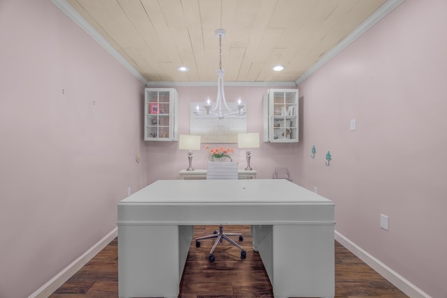 1790 Butterfly Ct, Whitesburg, TN 37891 - home office with ornamental molding, a chandelier, baseboards, dark wood-style flooring, and recessed lighting