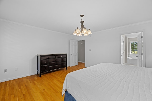 1790 Butterfly Ct, Whitesburg, TN 37891 - bedroom featuring a chandelier, crown molding, light wood-style flooring, baseboards, and ensuite bathroom